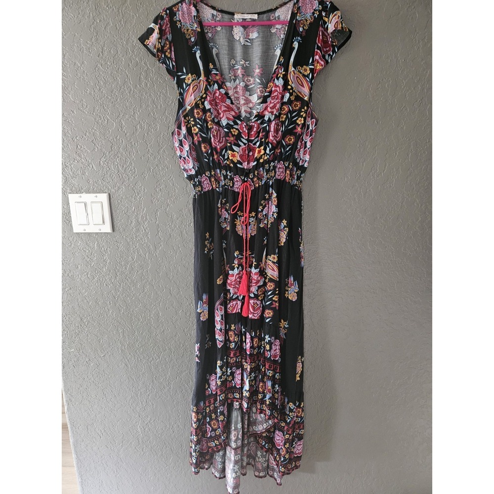 R. Vivimos 2XL Boho Floral Peacock High Low Maxi Dress V-Neck Cap Sleeve Tassel